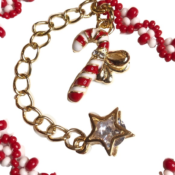 Christmas Holiday Bracelet Charms Gold Red White Candy cane Star Beaded Woven NW - Picture 2 of 4